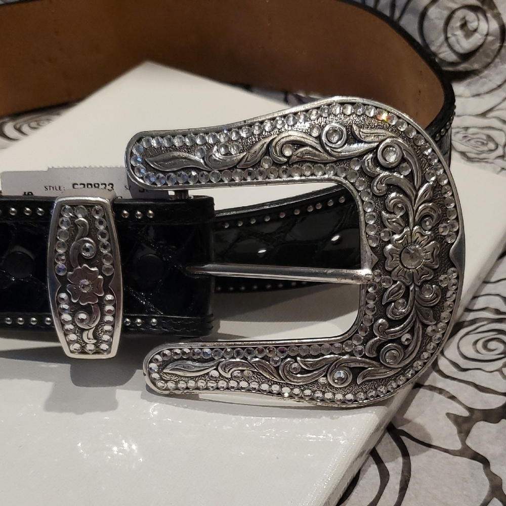 Justin Boots Black Patent Leather Belt with Ornate Silver Buckle